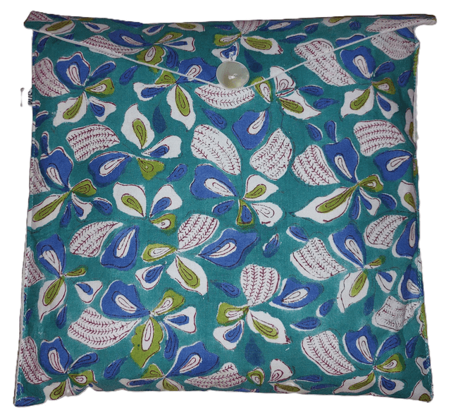Pyjama court en coton indien – Imprimé floral artisanal – Fait main - Slow fashion - Bleu et blanc sur vert