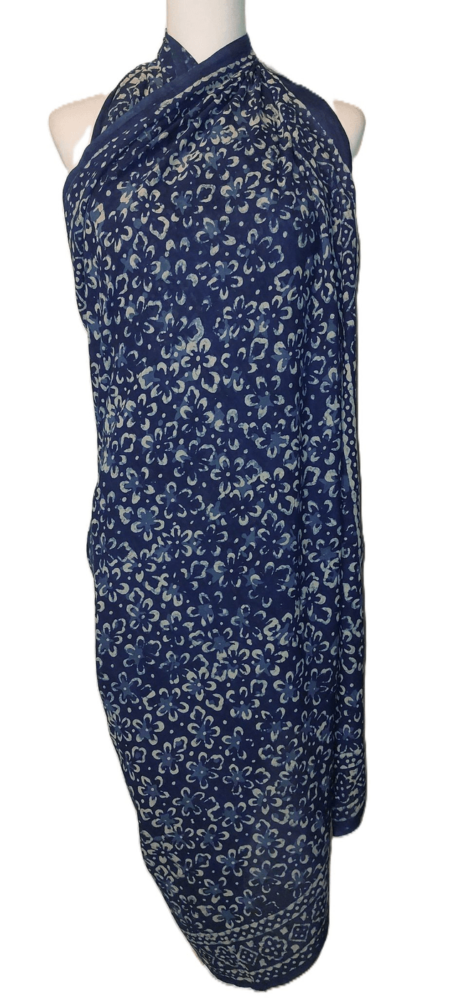 Paréo de plage en coton voile indien imprimé à la main – Motif floral bleu et blanc - Teinture naturelle indigo – Étole & châle bohème   