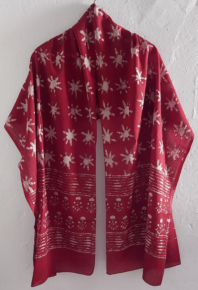 Étole, teinture naturelle rouge, coton imprimé à la main, écharpe légère - Cadeau femme artisanal éthique  