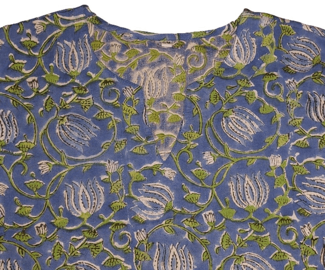 Pyjama  femme en coton léger – imprimé floral vert et bleu -  fait main – ensemble été confortable – cadeau artisanal
