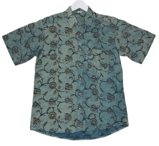 Chemise d'été homme manches courtes, teintures naturelles vertes et jaunes, coton imprimé à la main