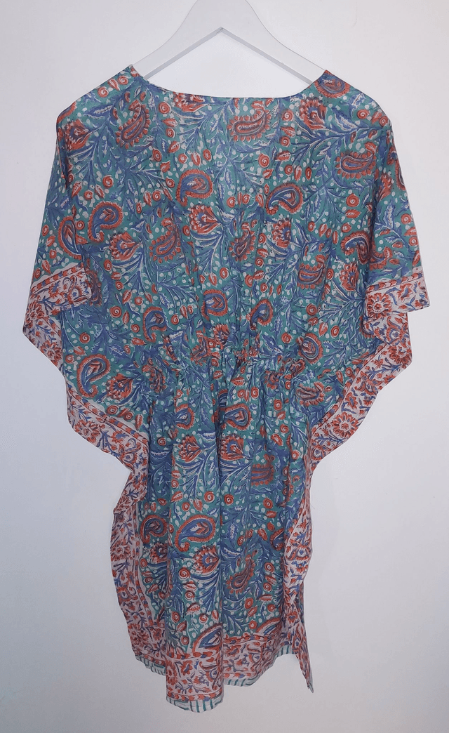 Caftan en coton voile imprimé à la main - Léger, artisanal, estival - vert