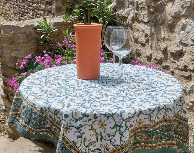 Nappe carrée 100cm imprimée à la main, coton, motif floral vert et jaune