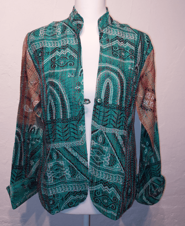 Veste femme reversible sari recyclé et Kantha, unique, confectionnée à la main dans les villages indiens, bleu, vert, turquoise