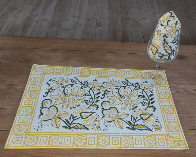 6 sets de table et serviettes, imprimés à la main, fleurs jaunes et vertes, coton