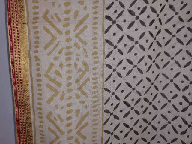 Paréo de plage en coton voile indien imprimé à la main – Motif beige et noir avec bord doré – Étole & châle bohème 