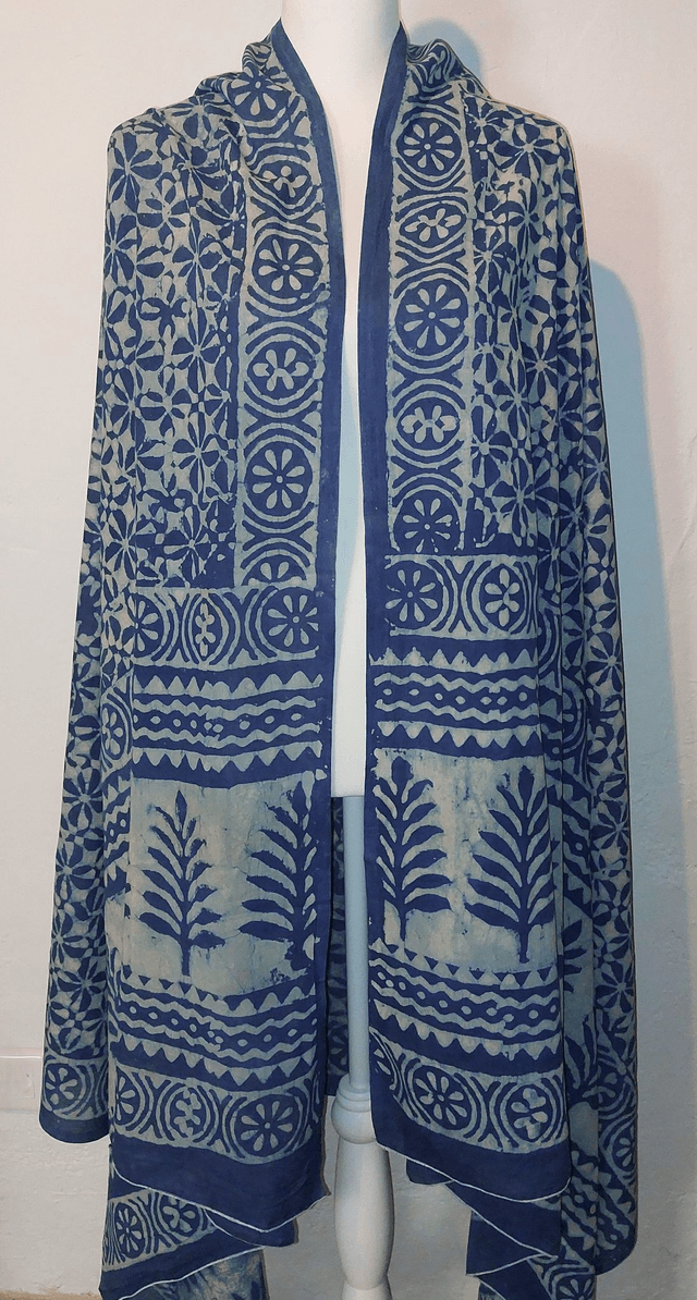 Châle bleu, teinture naturelle indigo, coton imprimé à la main, motif floral - Echarpe légère, dupatta - Cadeau femme artisanal éthique 