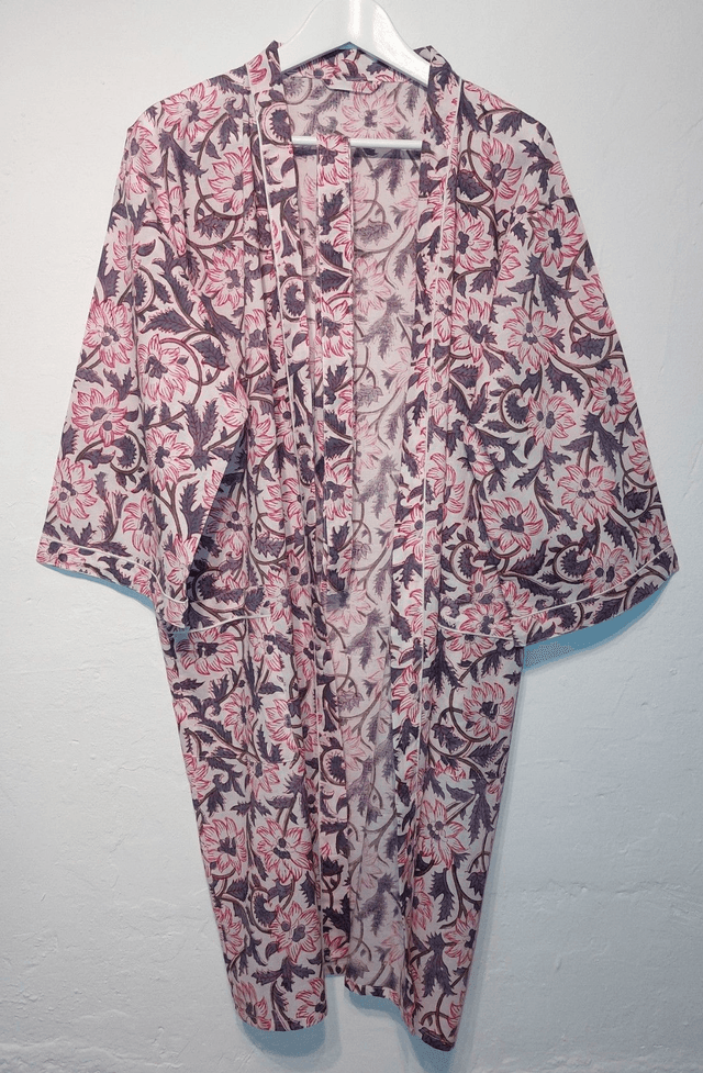 Robe kimono en coton, peignoir, robe de chambre, imprimé à la main, motif floral rose et gris, L.100cm