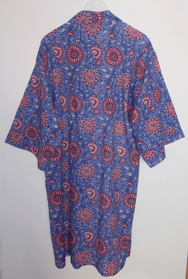 Robe kimono en coton, peignoir, robe de chambre, imprimé à la main, motif floral rose, bleu, rouge, blanc, L.100cm