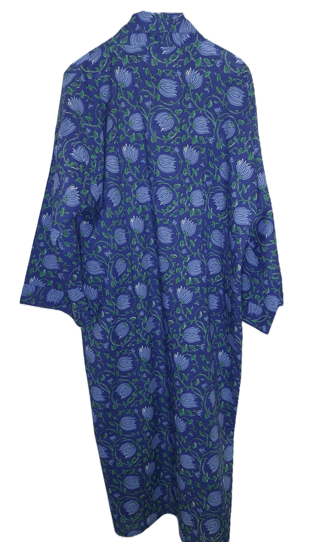 Peignoir kimono unisexe en coton naturel imprimé à la main, motif floral bleu, vert, robe de chambre L.130cm 