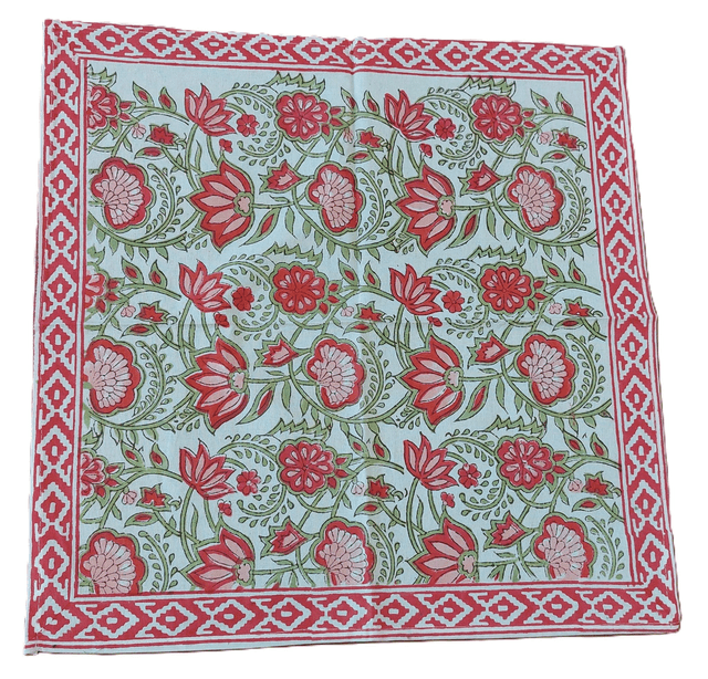 Grande nappe rectangulaire et 6 serviettes imprimées à la main, coton de grande qualité, motif floral rouge, rose et vert