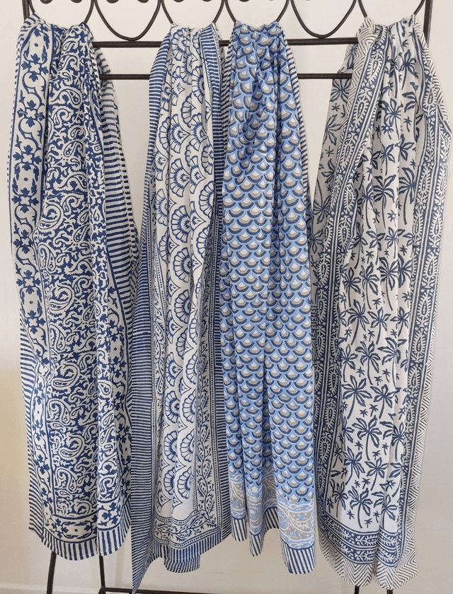 Paréo de plage en coton indien imprimé à la main – Motif bleu et blanc – Étole & châle bohème