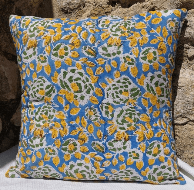 Housses de coussin artisanale en coton – Motifs floraux éclatants - Imprimé à la main en Inde (40x40 cm)