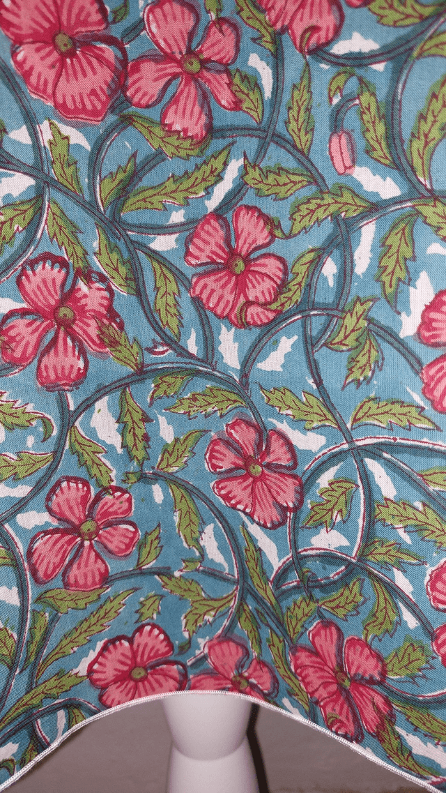 Jupe d'été mi-longue - Coton voile léger – Imprimé Block Print Artisanal – Motif floral rouge sur bleu – Slow fashion femme 