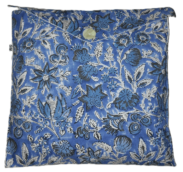 Pyjama court en coton indien – Imprimé floral artisanal – Fait main - Slow fashion - Bleu et blanc sur bleu
