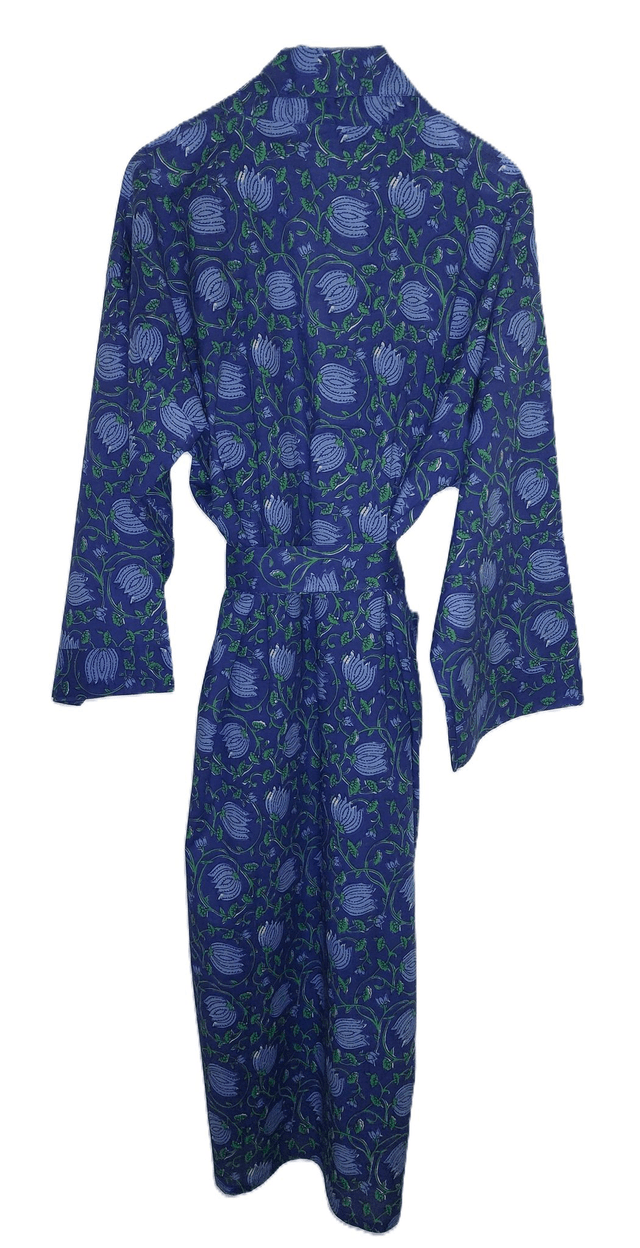 Peignoir kimono unisexe en coton naturel imprimé à la main, motif floral bleu, vert, robe de chambre L.130cm 
