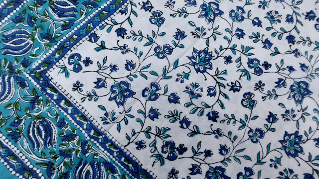 Grande nappe rectangulaire imprimée à la main, coton, motif floral bleu, vert et turquoise