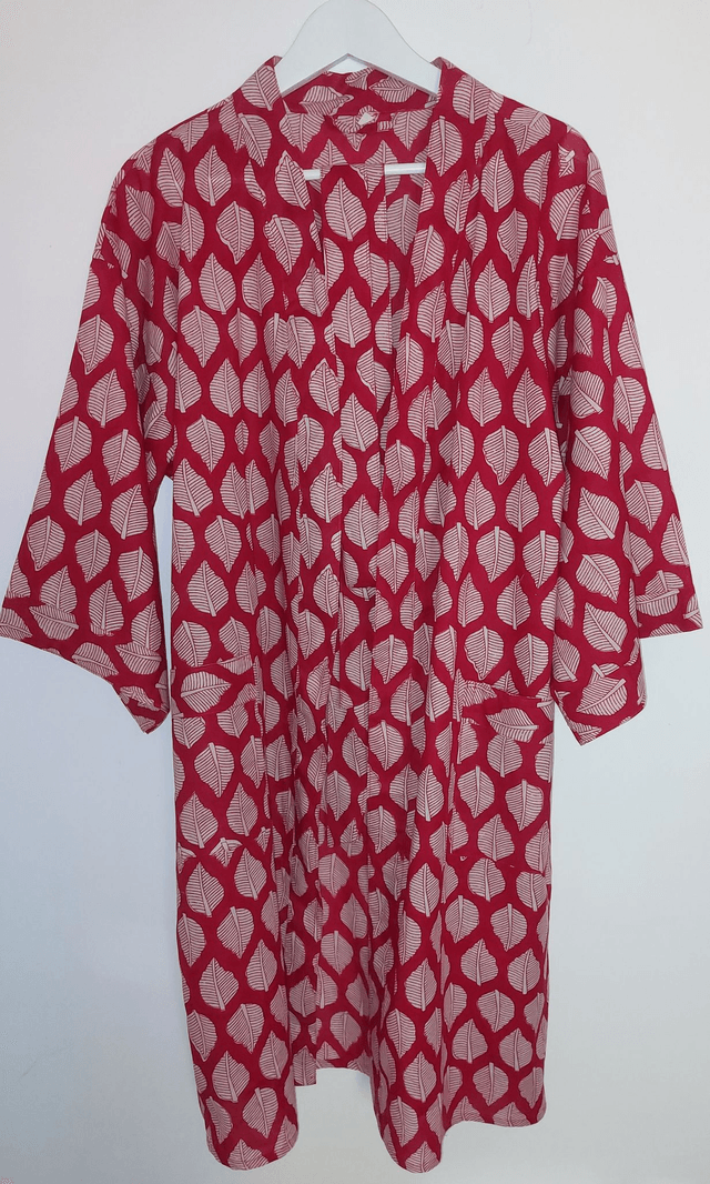Robe kimono en coton, peignoir, robe de chambre, motif feuilles blanches sur rouge, L.100cm   
