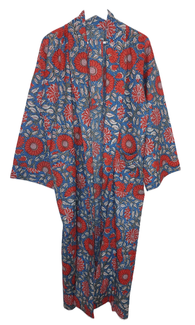 Peignoir kimono en coton naturel imprimé à la main, motif floral orange, vert, bleu canard, robe de chambre L.130cm 