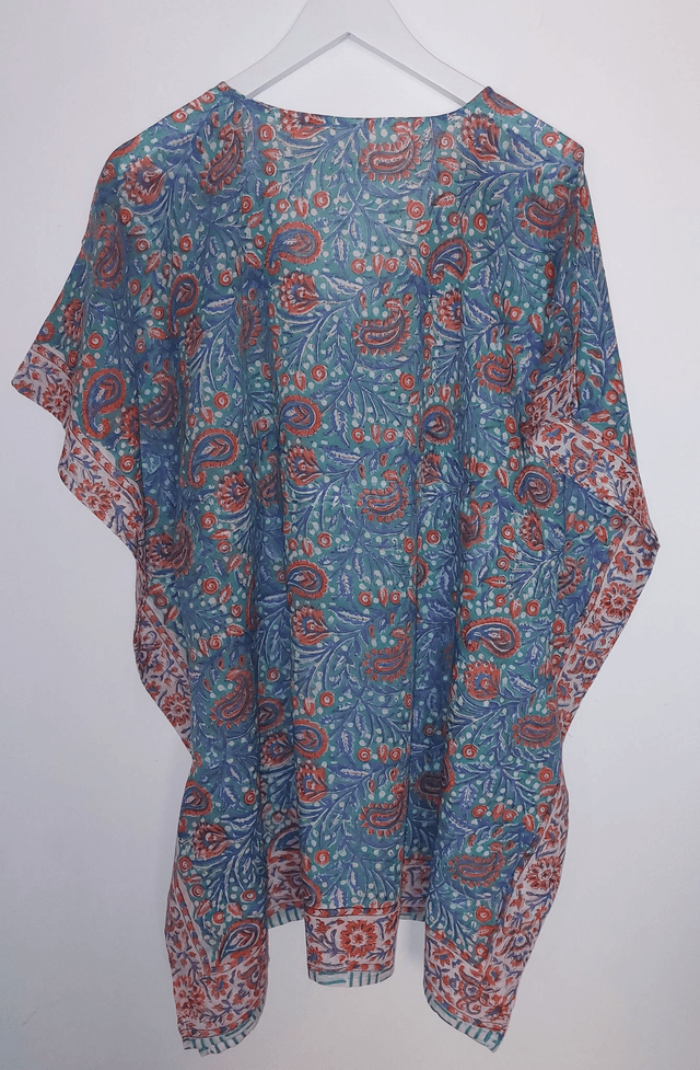 Caftan en coton voile imprimé à la main - Léger, artisanal, estival - vert
