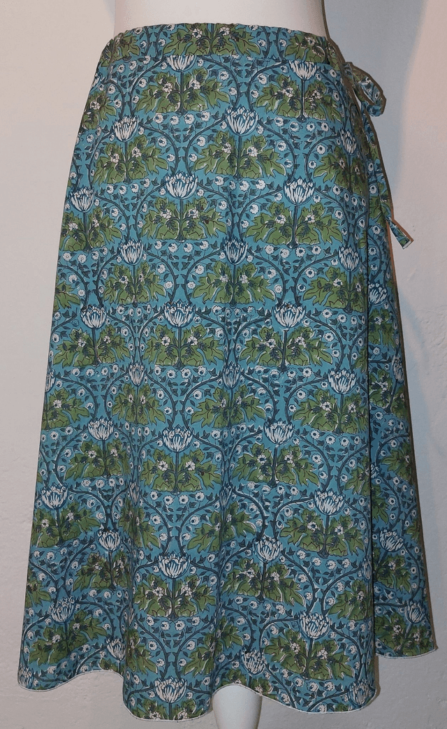 Jupe d'été mi-longue - Coton voile léger – Imprimé Block Print Artisanal – Motif floral blanc et vert sur bleu – Slow fashion femme 