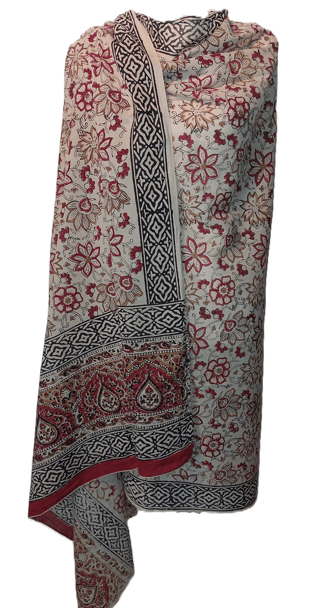 Grand châle - Coton voile - Teintures naturelles et impression artisanale - Motif floral beige, rouge, noir - Slow fashion - Femme éthique