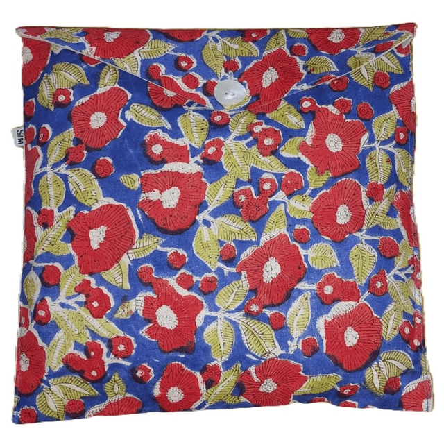 Pyjama court en coton indien – Imprimé floral artisanal – Fait main - Slow fashion - Rouge et vert sur bleu
