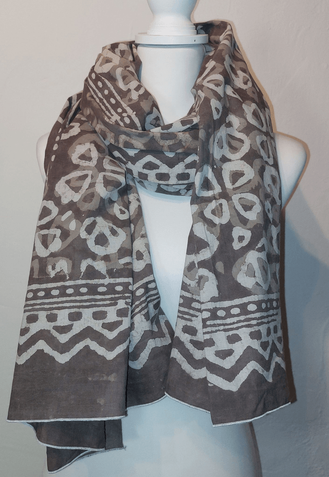 Paréo de plage en coton indien imprimé à la main – Motif floral - Teinture naturelle beige et taupe – Étole & châle bohème  - Slow fashion 