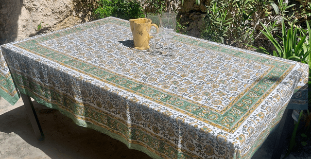 Grande nappe rectangulaire imprimée à la main, coton, motif floral jaune et vert