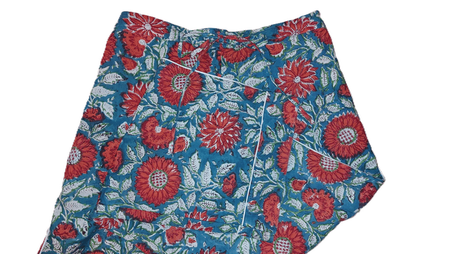 Pyjama femme en coton léger imprimé à la main – Ensemble boutonné deux pièces - orange et bleu canard