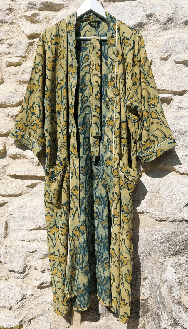  Peignoir unisexe, teintures naturelles artisanales, imprimé à la main, jaune et bleu, robe de chambre L.120cm 
