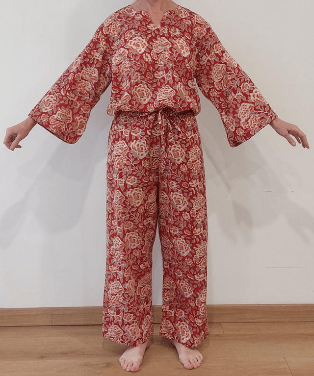 Pyjama femme en coton léger – imprimé floral orange et rouge -  fait main – ensemble été confortable – cadeau artisanal