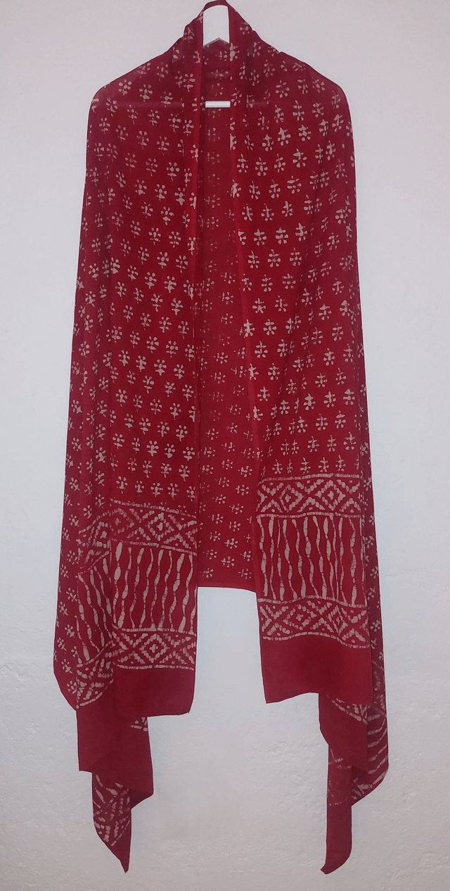 Châle, teinture naturelle rouge, coton imprimé à la main, écharpe légère, dupatta - Cadeau femme artisanal éthique