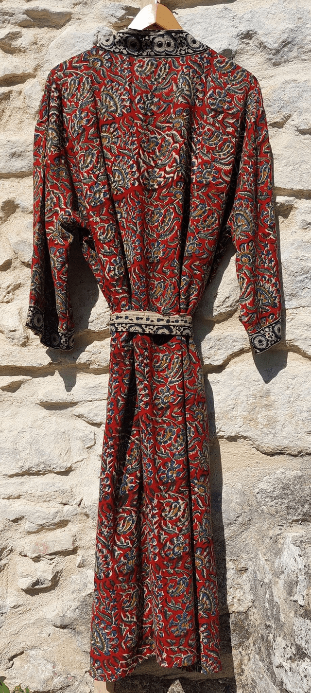  Peignoir unisexe, teintures naturelles artisanales, imprimé à la main, rouge, bleu, vert, jaune, noir, ivoire, robe de chambre L.130cm  