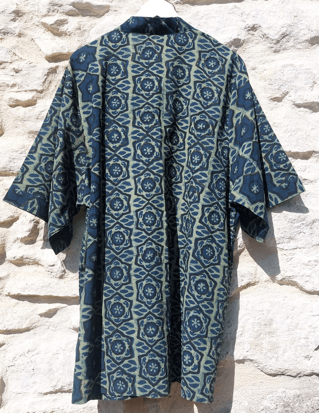 Gilet kimono bleu et vert en coton, teinture naturelle, imprimé à la main, artisanale 