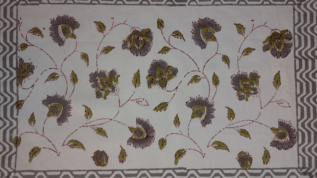 6 sets de table et serviettes, imprimés à la main, fleurs grises et vertes, coton  