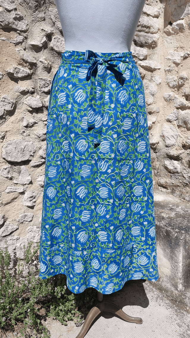 Robe/Jupe 3-en-1 d'été florale bleue en coton voile léger imprimé à la main – Robe polyvalente bohème plage, casual ou élégant 