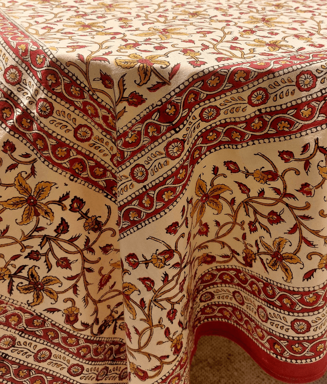 Grande nappe rectangulaire imprimée à la main, coton, motif floral jaune et marron
