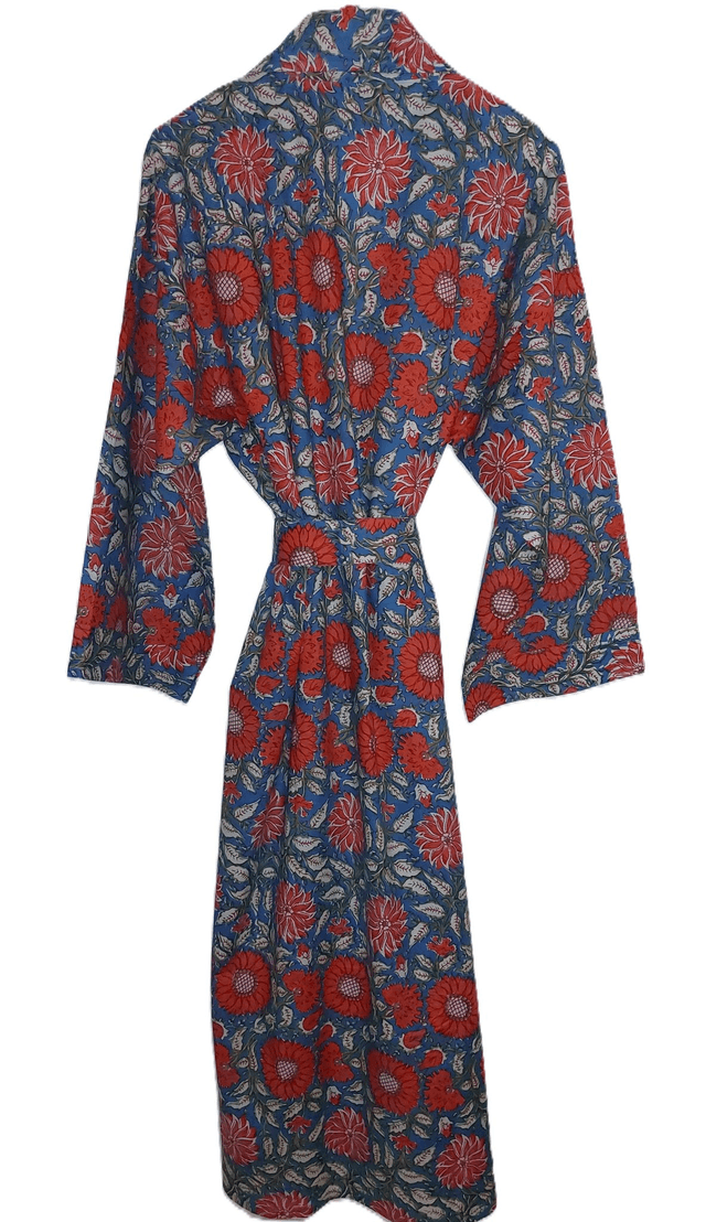 Peignoir kimono en coton naturel imprimé à la main, motif floral orange, vert, bleu canard, robe de chambre L.130cm 