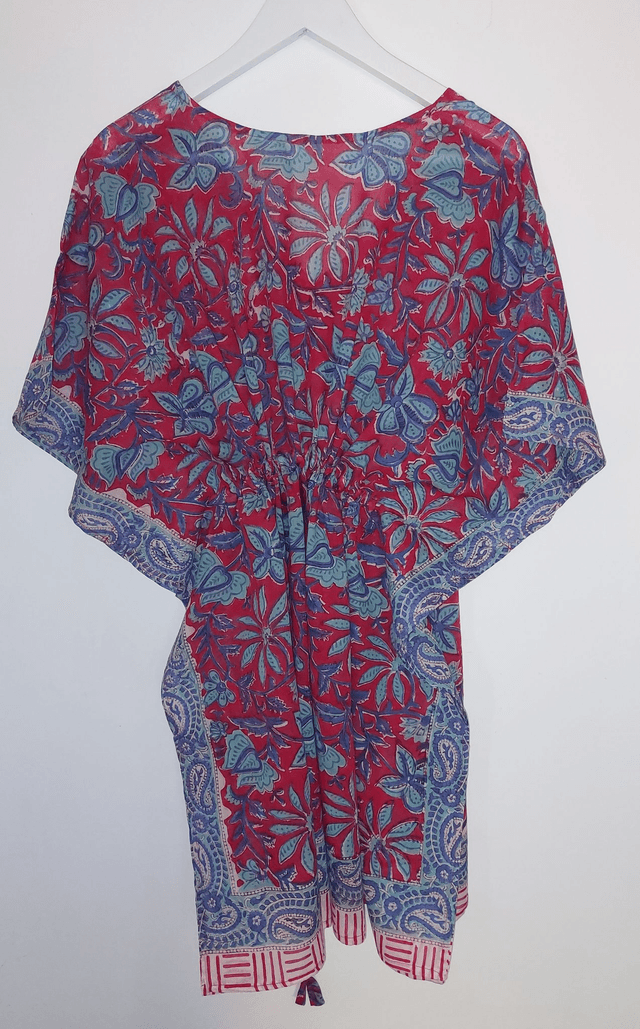 Caftan en coton voile imprimé à la main -  Léger, artisanal, estival - rouge
