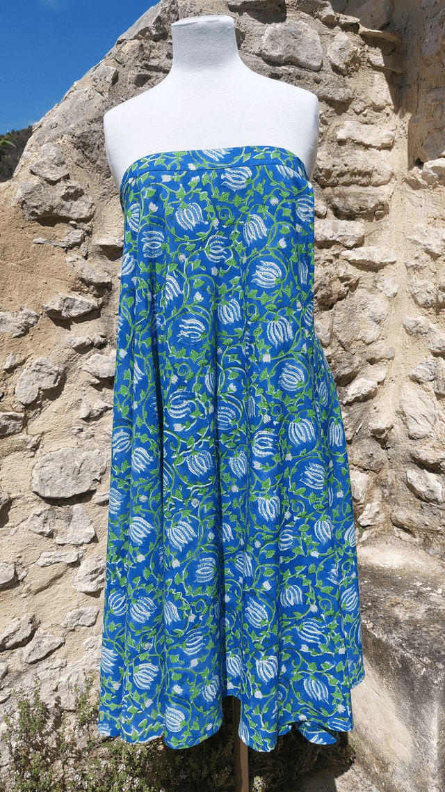 Robe/Jupe 3-en-1 d'été florale bleue en coton voile léger imprimé à la main – Robe polyvalente bohème plage, casual ou élégant 