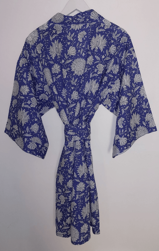 Robe kimono en coton, peignoir, robe de chambre, motif floral blanc et bleu, L.100cm  