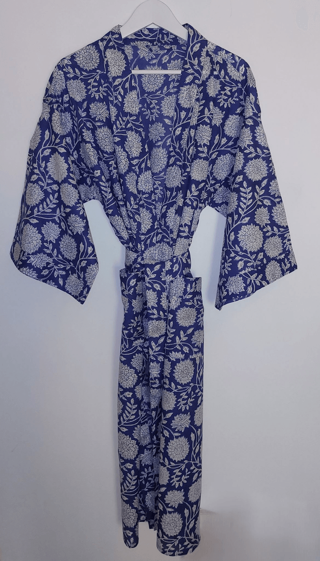 Robe kimono longue en coton, peignoir, robe de chambre, motif floral blanc et bleu, L.120cm  