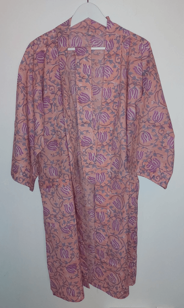 Robe kimono en coton, peignoir, robe de chambre, imprimé à la main, motif floral pourpre, rose orangé et gris, L.100cm 