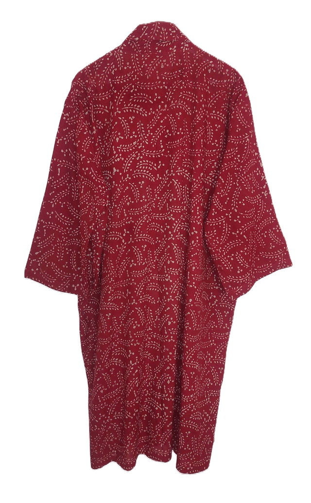  Peignoir unisexe, teintures naturelles artisanales, imprimé à la main, rouge et blanc, robe de chambre L.110cm