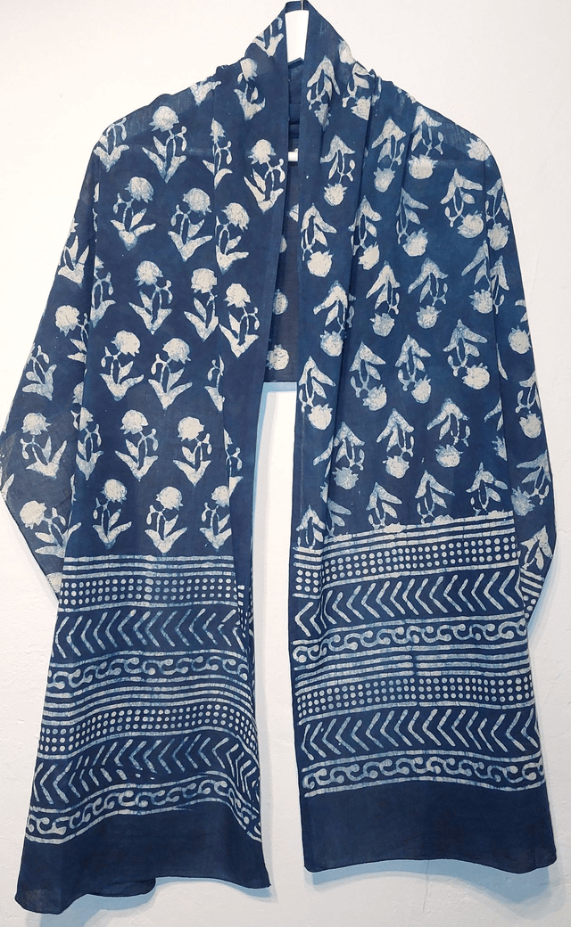 Étole, teinture naturelle bleue indigo, coton imprimé à la main, écharpe légère - Cadeau femme artisanal éthique  
