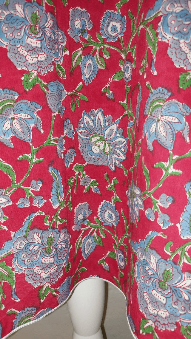 Jupe d'été mi-longue - Coton voile léger – Imprimé Block Print Artisanal – Motif floral bleu sur rouge – Slow fashion femme 