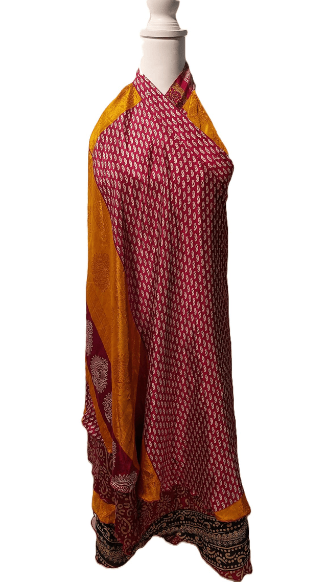 Robe/Jupe 3-en-1 réversible en sari recyclé – Robe polyvalente bohème plage, casual ou élégant - rouge, jaune, noir