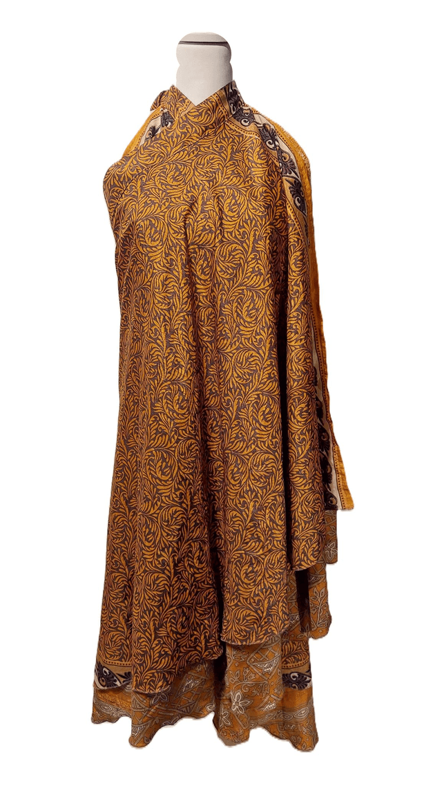 Robe/Jupe 3-en-1 réversible en sari recyclé – Robe polyvalente bohème plage, casual ou élégant - jaune, or