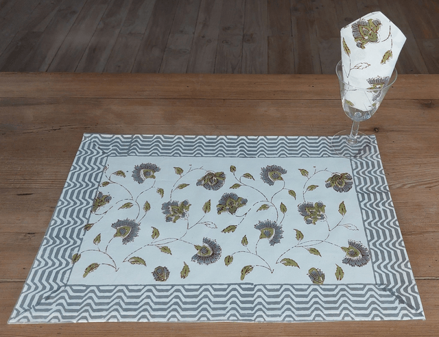 6 sets de table et serviettes, imprimés à la main, fleurs grises et vertes, coton  
